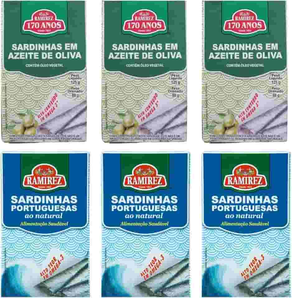 Sardinha em Lata Portuguesa Ramirez - Tampa Abre Fácil -125g - 3 Un. 100% em Azeite de Oliva - 3 Un. Natural em Água