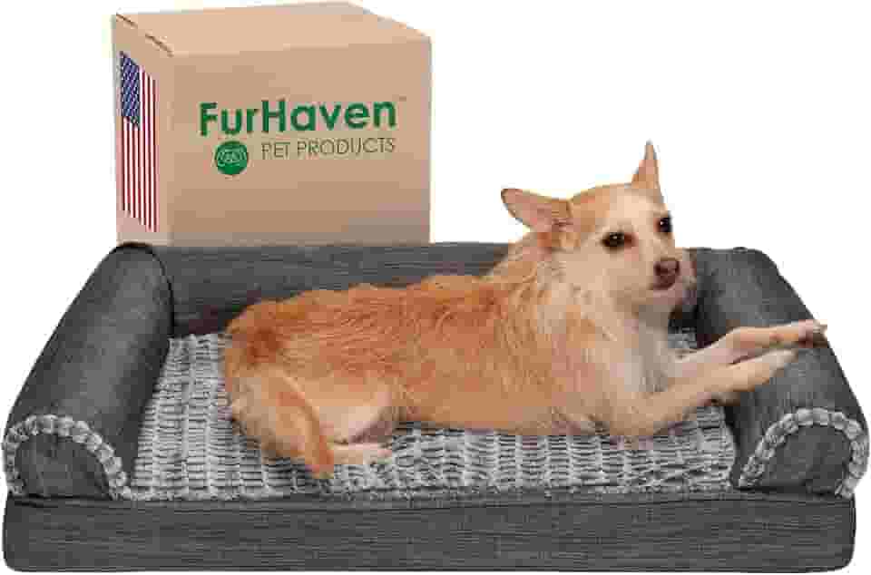 Furhaven Cama ortopédica para cães médios/pequenos com almofadas removíveis e capa lavável, para cães de até 16 kg - Sofá luxuoso de pele sintética e linho de desempenho - carvão, média