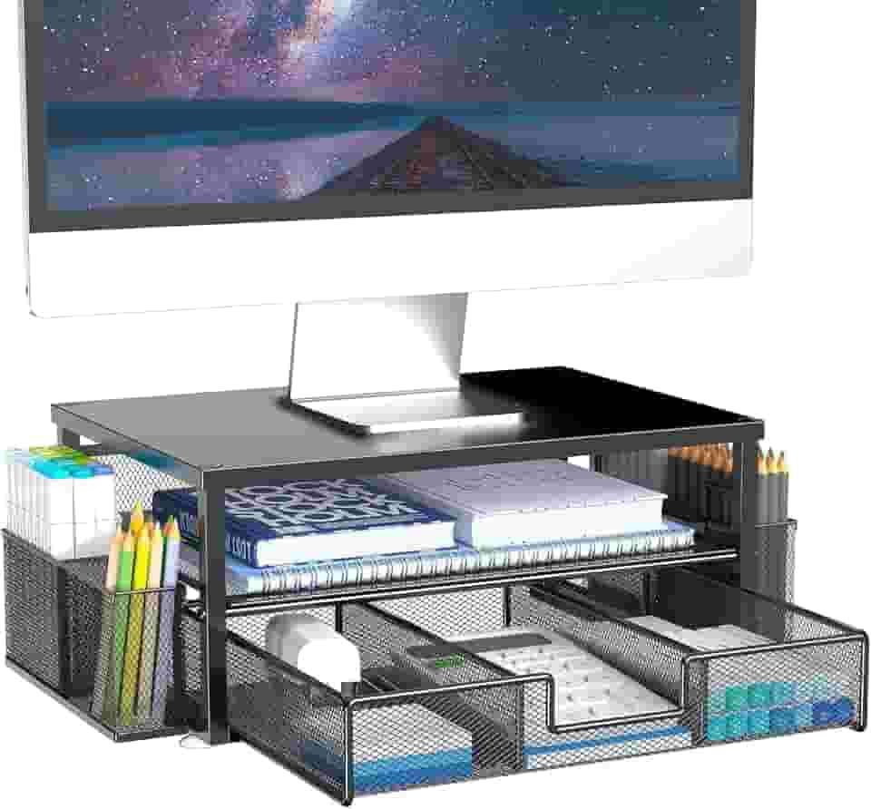 Suporte para Monitor de Computador de 2 Camadas com Gaveta e 2 Caneta Suportes,Suporte Monitor Mesa,Suporte para Monitor de Mesa,Base para Monitor,Base Monitor,Suporte de Mesa para Monitor