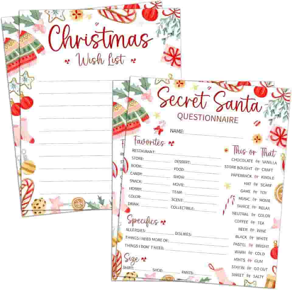 Cartão de troca de presente secreto de Papai Noel de 20 x 25 cm - 20 peças de cartões de questionário de Natal de dois lados - casa, escritório, sala de aula, ideia de presente de festa de Natal para