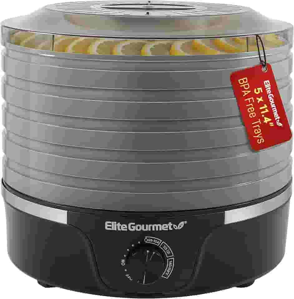 Elite Gourmet EFD319BNG Desidratador de alimentos, 5 bandejas livres de BPA de 29 cm, controles de temperatura ajustáveis, seda, ervas, frutas, vegetais, lanches secos, preto e cinza