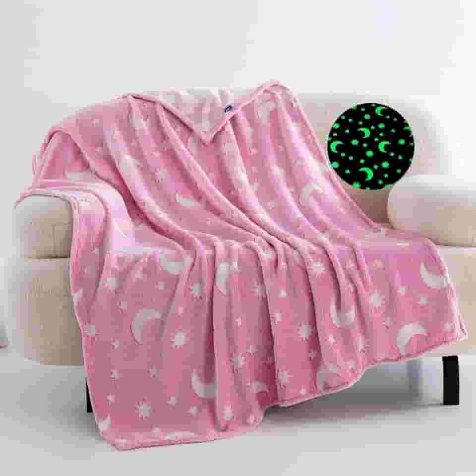 Manta Cobertor Infantil Mágico que Brilha no Escuro – Super Macia, Quentinha e Antialérgica Estampas Variadas Perfeito para Crianças Decoração do Quarto - Tamanho 180×150 cm (Estrelas Rosa)