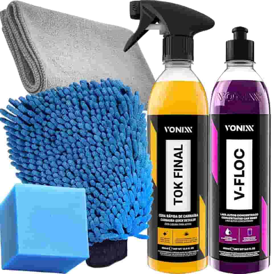 Kit V-Floc Shampoo Neutro Super Concentrado Automotivo + Cera Liquida Protetora Tok Final Vonixx Luva Pano Microfibra