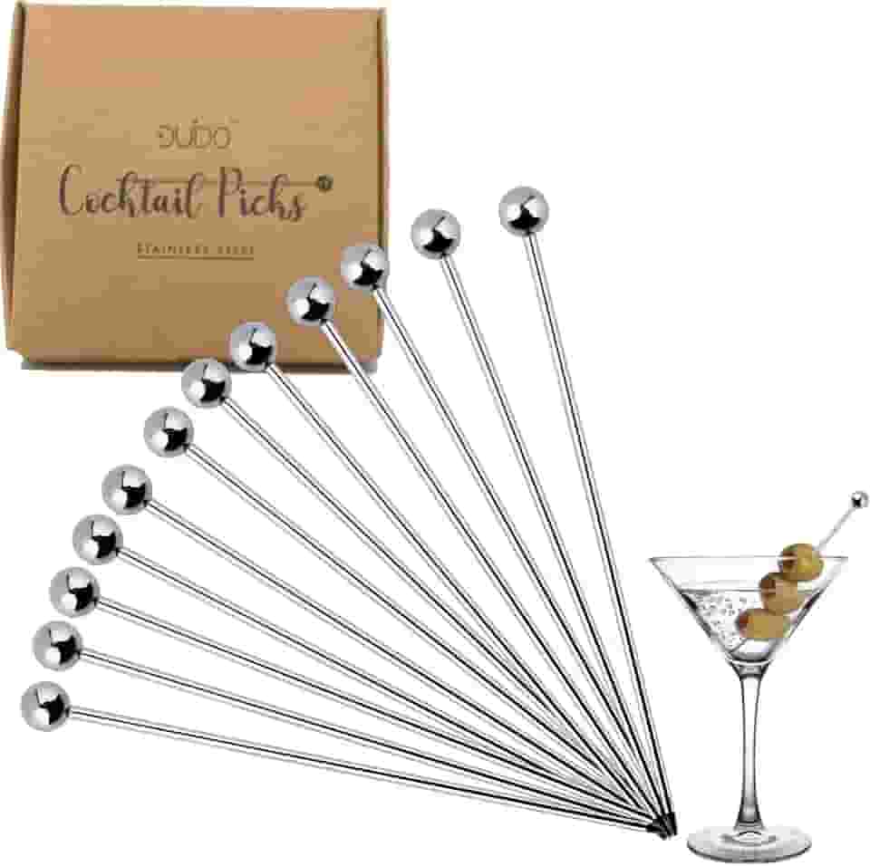 Palitos de dente de aço inoxidável para coquetéis – (pacote com 12/10 cm) Palitos de Martini reutilizáveis e chiques de bebidas de metal extravagantes para azeitonas Martini, aperitivos, Bloody Mary Brandied