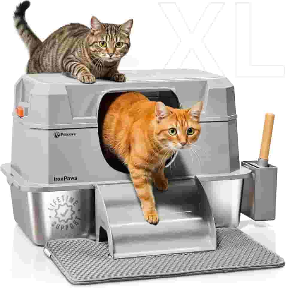 Caixa de areia para gatos de aço inoxidável com controle de odor - Design profundo fechado 28L XL para felinos grandes, laterais altas - tapete 3 em 1 - degraus e colher - caixa de areia de aço