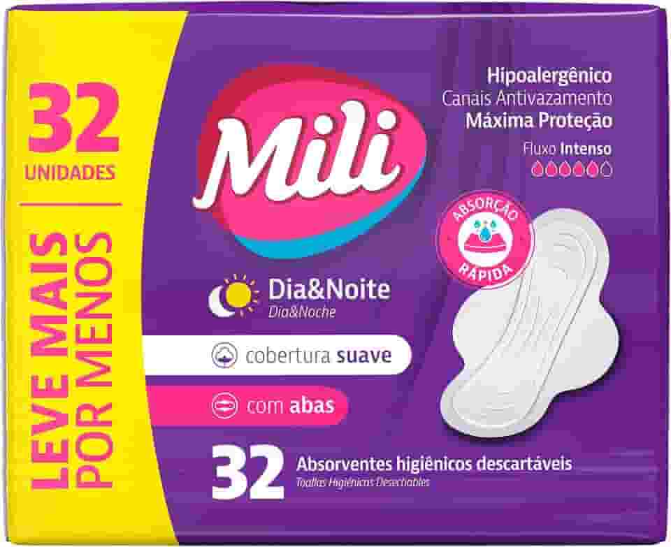 Absorvente Externo Mili com Abas Dia e Noite, Cobertura Suave, Fluxo Intenso, 32 Unidades