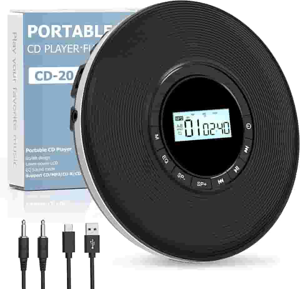 Sunoony Leitor de CD Walkman, leitor de CD portátil para carro, leitor de CD Disman pessoal com conector de fone de ouvido, visor LCD, anti-salto, cabo auxiliar/slot TF, 2 pilhas AA ou fonte tipo C