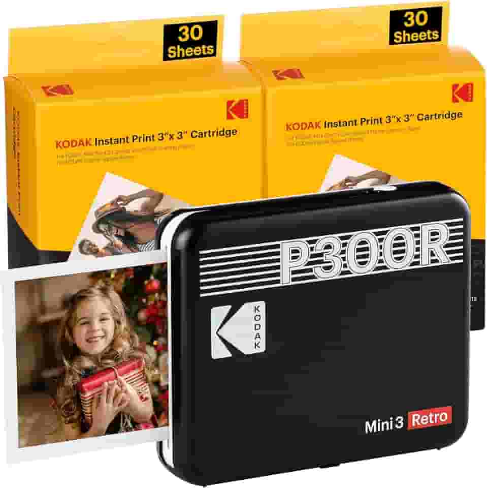 Impressora fotográfica portátil KODAK Mini 3 Retro 4PASS (7,6 x 7,6 cm), inicial 8 folhas + pacote de 60 folhas, preta