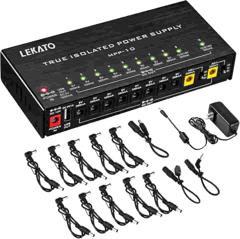 Fonte de alimentação para pedal de guitarra, fonte de alimentação de pedal isolado verdadeiro com 10 portas, porta USB, proteção contra curto-circuito, saída CC do pedal de guitarra 9V 12V 18V para