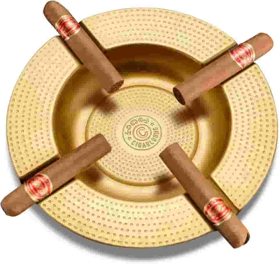 Cinzeiro de charuto, 4 compartimentos, inquebrável, grande anel, para decoração externa/interna, com 4 suportes para charutos, bandeja de metal para homens (dourado)