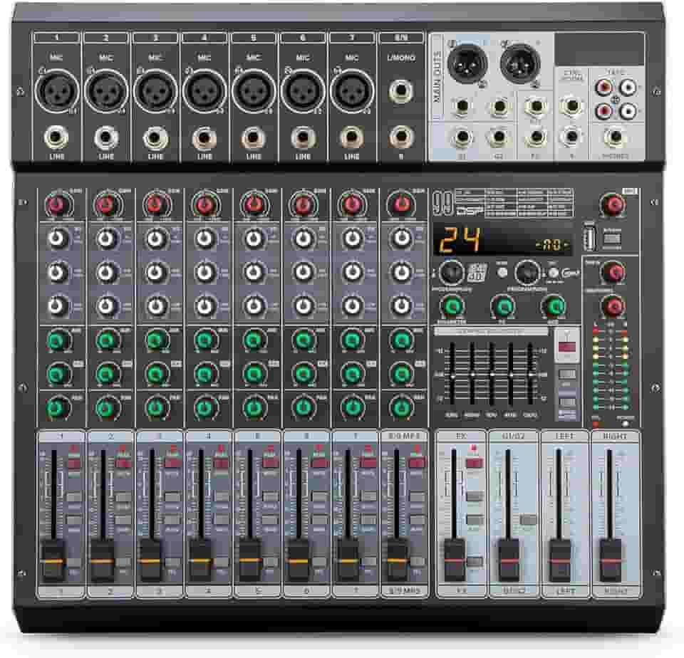 Mesa de Som de 9 Canais com Bluetooth, Reprodutor/Gravador de MP3, 99 Efeitos Digitais, Phantom Power, Equalizador de 3 Bandas - Mesa de Mixagem Profissional para Som ao Vivo, Estúdio e Karaokê