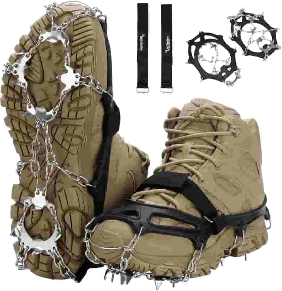 Crampons - Travas de gelo para neve com tração para botas, sapatos femininos, homens, crianças, antiderrapante, 19 pontos, de aço inoxidável, proteção segura para caminhada, corrida ou caminhada na neve e gelo