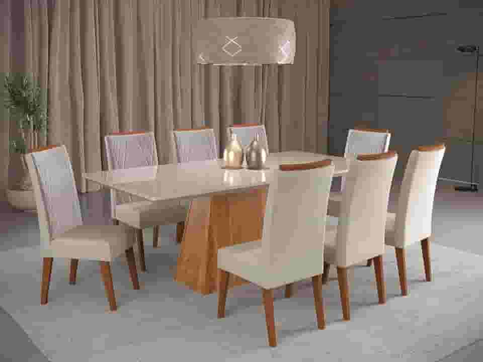 Mesa de Jantar Retangular Sylk com 8 Cadeiras Madeira Maciça Vegas Mel/V.Marfim/Off White