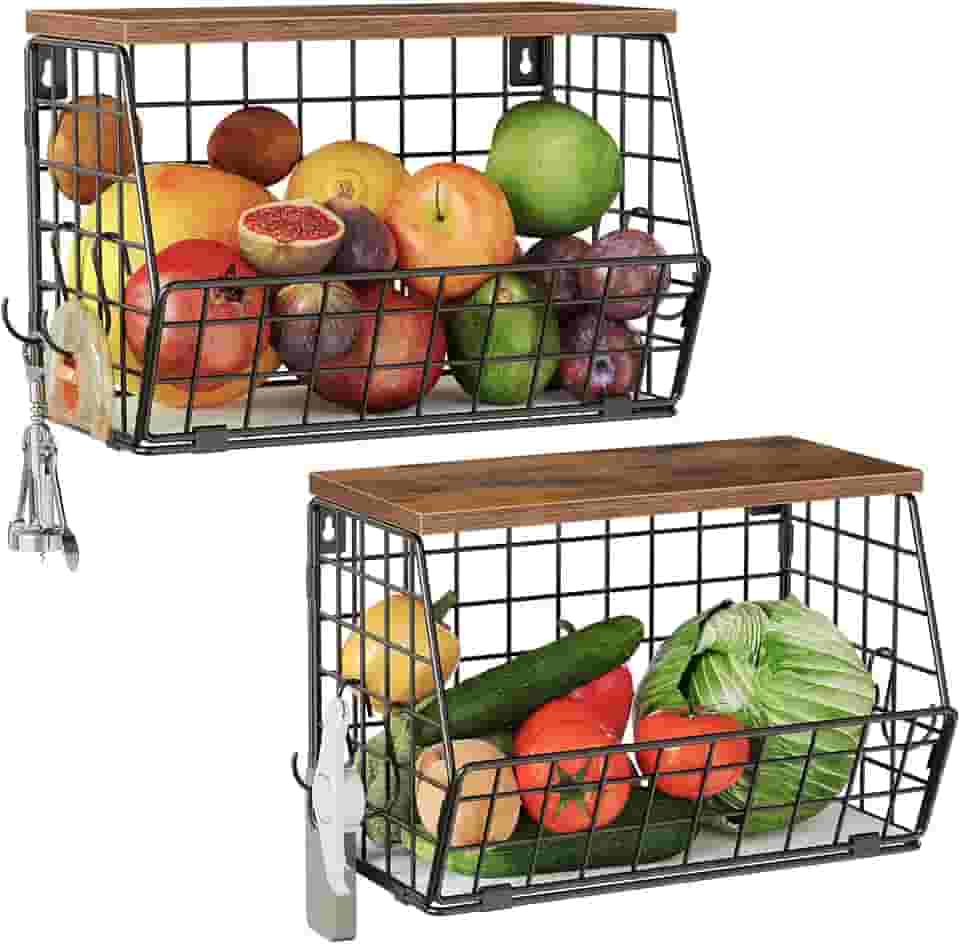 Cesta de frutas de 2 camadas para cozinha, cesta suspensa empilhável com tampa de madeira, organizador de balcão de cozinha montado na parede para armazenamento de frutas, vegetais, marrom