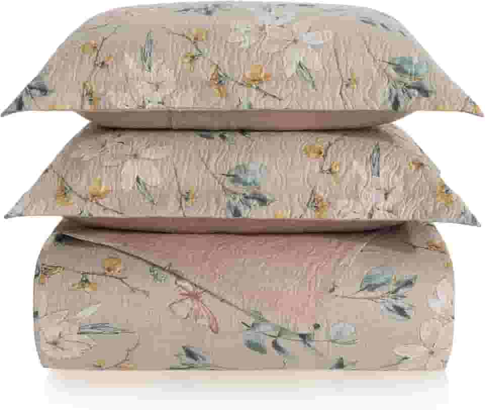 Kit Cobre Leito Colcha Boutis 3 Peças Matelado Ultrassônico Estampado Dupla Face Porta Travesseiro Aba Americana Micro Percal 150 Fios (Isabel Areia, Casal)
