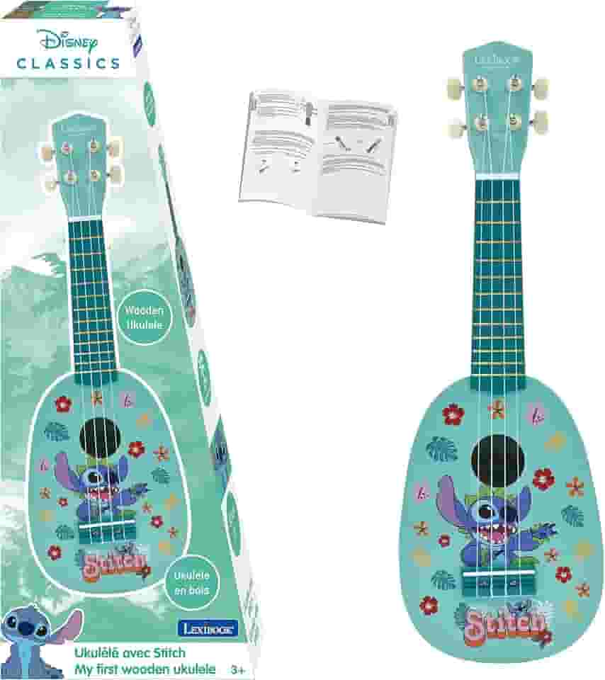 Lexibook, Disney Stitch, My First Wooden Ukulele, 4 cordas de nylon, 53 cm, guia incluído, azul, K230D