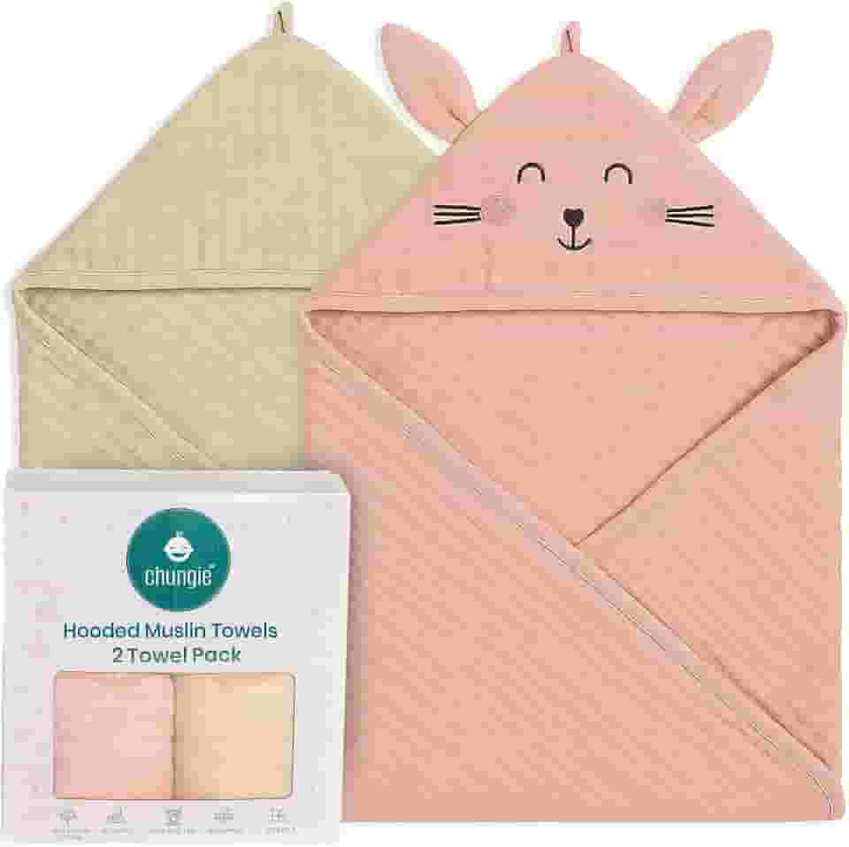 Chungie Toalhas de bebê macias de musselina com capuz – 100% algodão, toalhas de banho para recém-nascidos respiráveis de 6 camadas com capuz, pacote com 2 (impresso + bordado, 81 x 81 cm)