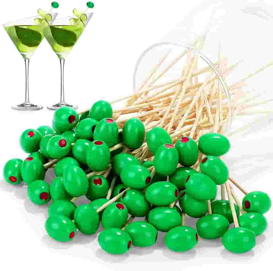 Aodaer Palitos de coquetel de azeitona 3D de 100 peças, palitos de bola temática de oliva de 12 cm para aperitivos, palitos descartáveis de espeto de sobremesa de frutas para martini, decoração de