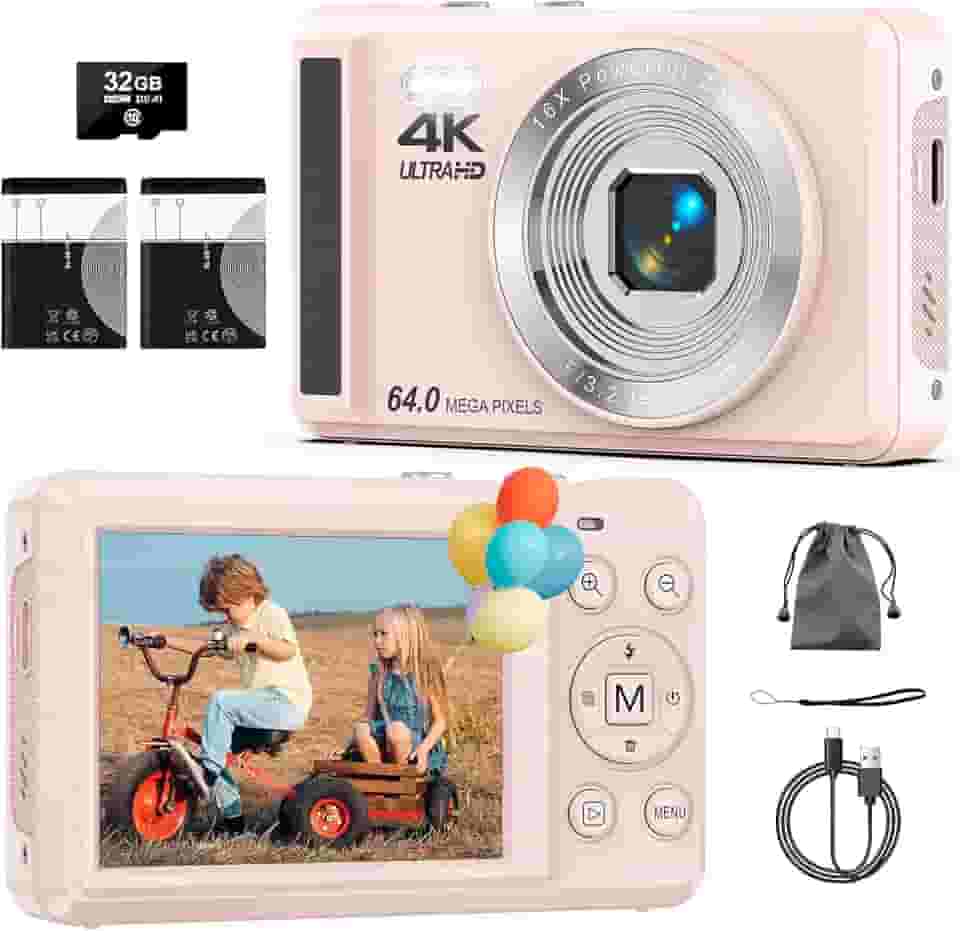 Câmera Digital 4K 64MP com Foco Automático,Fotográfica para Vlog, Zoom, Tela 2.8 Polegadas，fotografia, Cartão SD de 32GB, 2 Baterias, Câmera Compacta，para Adolescentes e Iniciantes, Flash(rosa)