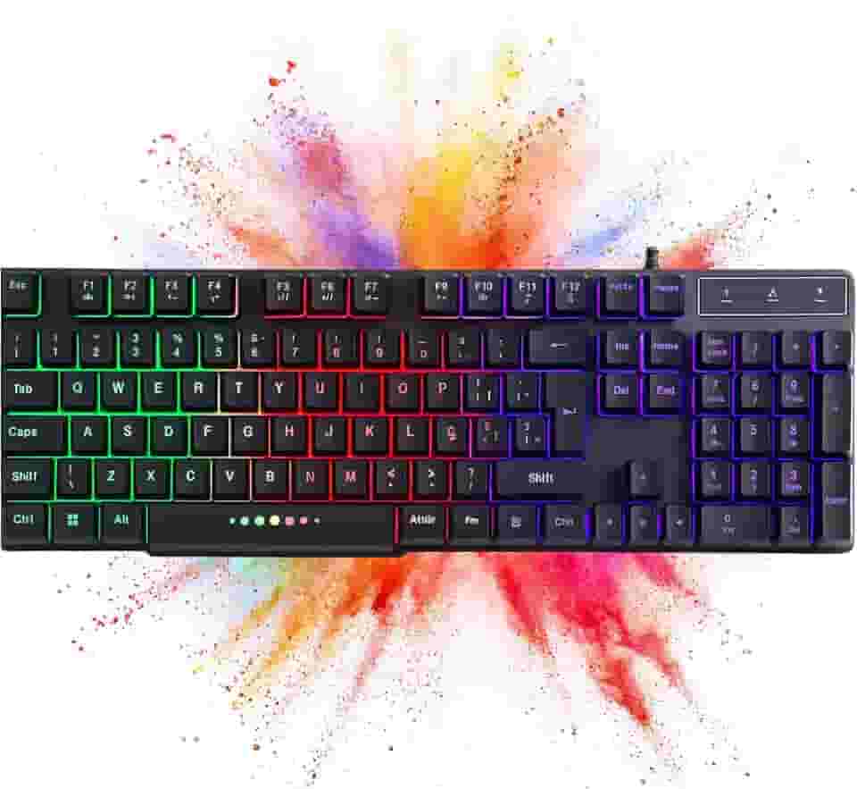 Teclado Gamer RGB Iluminado LED – Sensação Semi-Mecânica, Teclas Multimídia, Anti-Ghosting, Layout ABNT2 PT-BR com Tecla Ç, USB com Fio, Design Ergonômico e Resposta Rápida