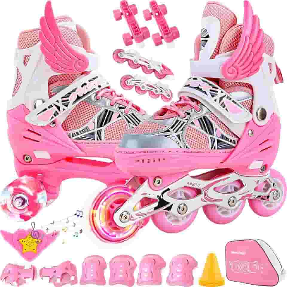 2 Em1 Patins Infantil Ajustável, Patins 4 Rodas, Patins Quad, Patins Infantil Menina, Ajustável com Bolsa e Kit Proteção, Para meninas, meninos e iniciante, Rosa P (28-32)