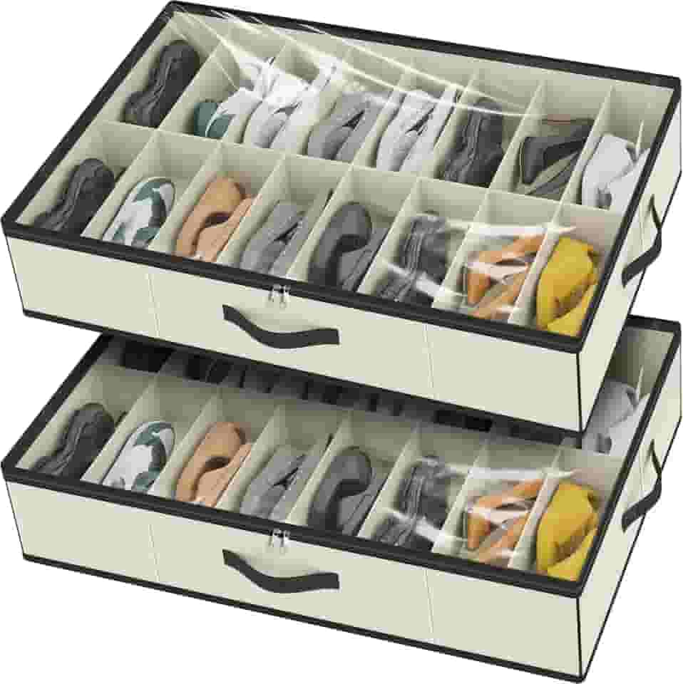 32 pares de organizadores de sapatos sob a cama, caixas de armazenamento de sapatos resistentes sob a cama, organizador de zapatos, organizador extra grande Zapateras, bege, conjunto de 2