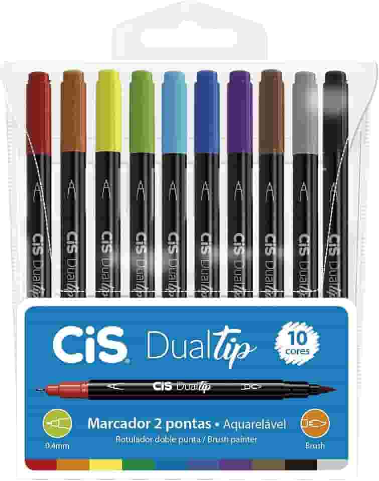 Caneta Pincel dual Tip Aquarelável com 10 cores Cis