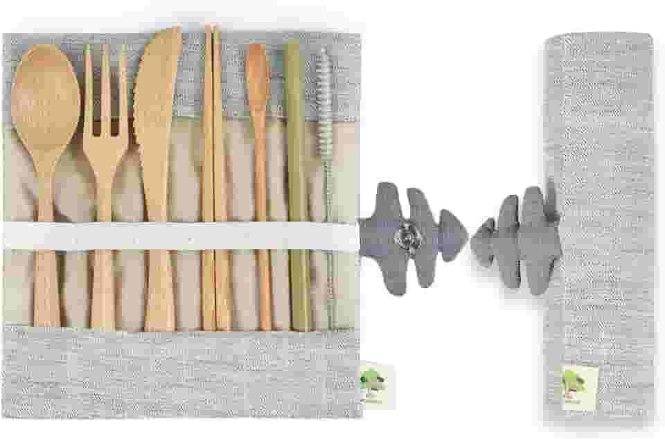 Conjunto de utensílios de viagem de madeira reutilizável de talheres de bambu utensílios talheres de mesa faca/garfo/colher/palhetas/colher de balanço/colher de bambu/limpador de canudos com bolsa de presente para acampamento ao ar livre piquenique almoço escritório