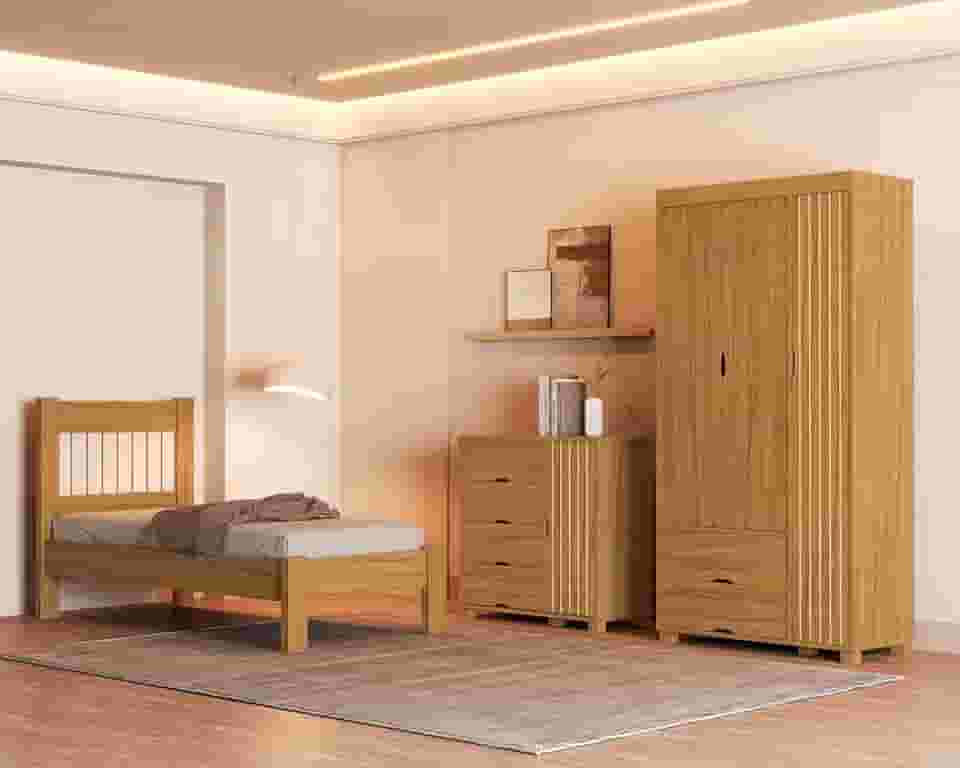 Jogo de Quarto Bela com Roupeiro, Cômoda e Cama Solteiro. (Nature)