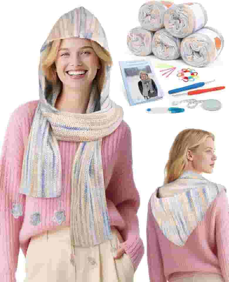 Coopay Kit de crochê para iniciantes, kits de crochê para adultos e crianças – 4 pontos básicos para completar cachecol com capuz, perfeito para crochê cachecol com capuz com instruções passo a passo