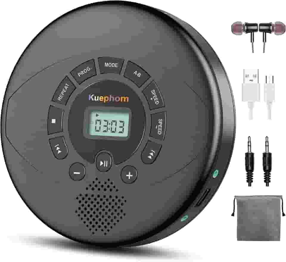 Leitor de CD portátil, recarregável Discman, leitor de CD Walkman com alto-falante, fones de ouvido, CD-R, MP3 USB playable, anti Skip CD Play para carro, adequado para uso pessoal ou multiusuários