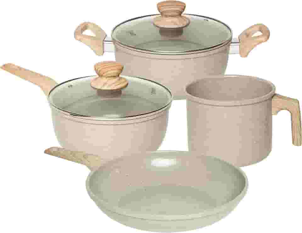 OSTER JOGO DE PANELAS E LEITEIRA MARBLE EDITION CINZA DUST – 4 PEÇAS COM REVESTIMENTO CERÂMICO ANTIADERENTE, ALÇAS EM SILICONE ANTITÉRMICO E BASE COMPATÍVEL COM INDUÇÃO