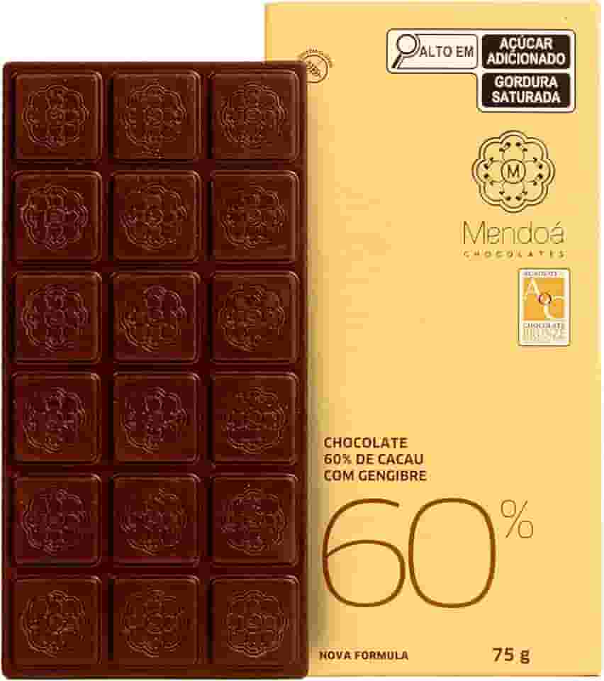 Mendoá, Barra de chocolate premium 60% de cacau com castanha do Gengibre, Clássico, 75 gramas