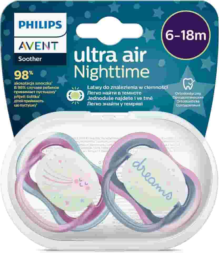Chupeta Philips Avent Ultra Air Noturno Dupla, Design Ortodôntico, Para Bebês de 6 a 18 Meses, sem BPA, com Caixa Esterilizadora, Pacote com 2, Decorada, SCF376/14