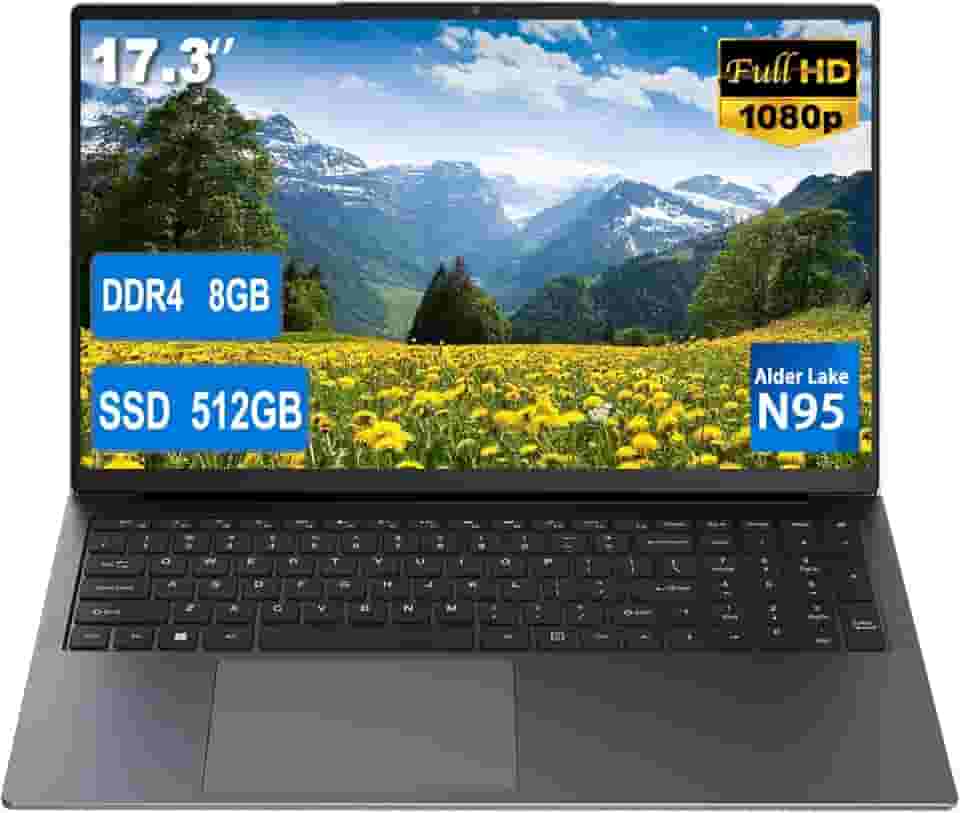 Laptop de 17 polegadas com teclado retroiluminado, teclado de fonte grande tamanho completo, Celeron N95 (até 3,4 GHz), 8 GB RAM 512 GB SSD, computadores com Win 11, RJ45, Tipo-C, webcam, Wi-Fi duplo
