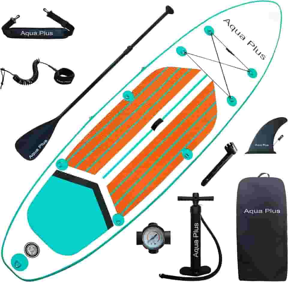 Aqua Plus SUP inflável de 15,24 cm de espessura para todos os níveis de habilidade, prancha de stand up paddle, bomba de ação dupla, mochila de viagem ISUP, correia, alça de ombro, juventude, prancha de remo inflável para adultos