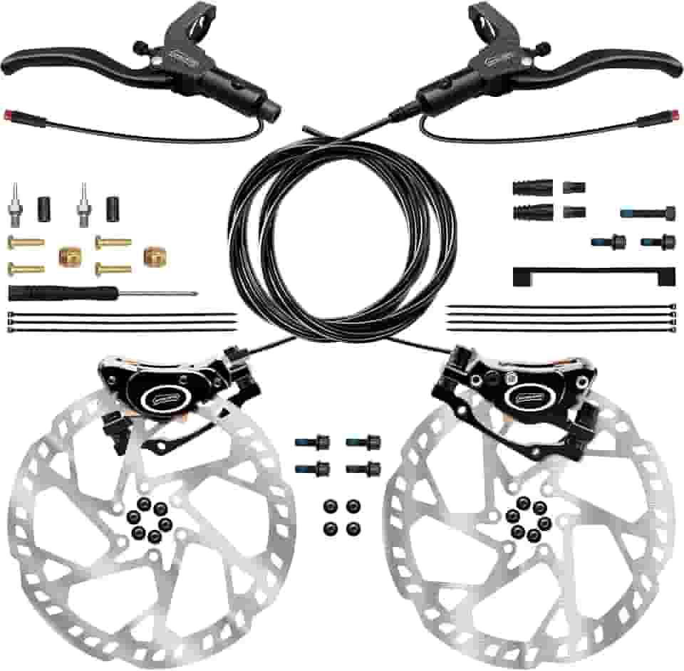 Conjunto de freio a disco hidráulico de 2 pistões E-Bike LD-200PLUS com sistema de controle de indução elétrica de desligamento de 2 pinos (com 2 rotores de espessura de 180 mm e 2,3 mm)