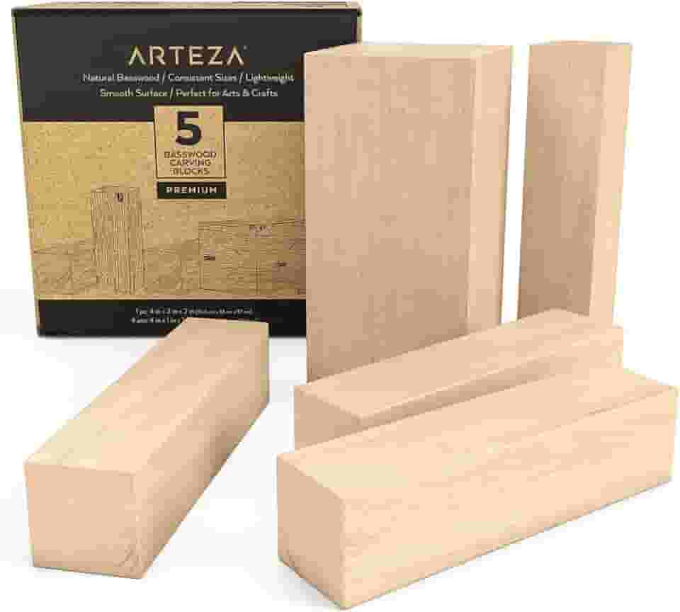 ARTEZA Blocos de talha de tília, conjunto de 5, um 10 x 5 x 5 cm e quatro 10 x 2 cm, blocos de madeira para esculpir, artesanato, talhar