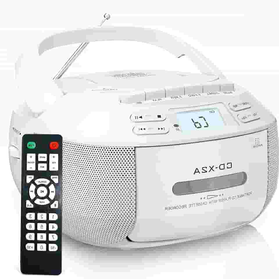 CD Player, 110V, Combo CD E Leitor de Cassete, Rádio AM FM Portátil, Radio CD Player com Bluetooth 5.1, Unidade Auxiliar/USB, Tensão Ajustável Manualmente Na parte Inferior da Unidade