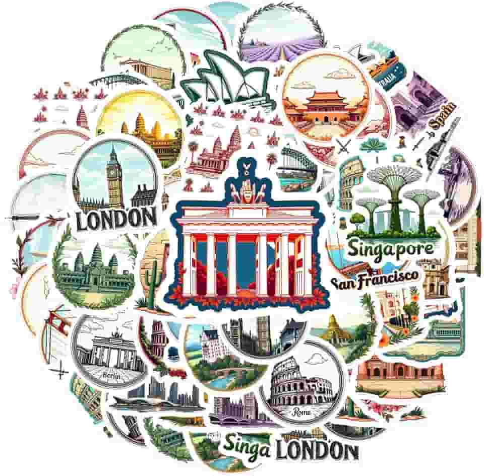 Pacote de adesivos de 50 peças de marcos de viagem, turismo, arquitetura, arquitetura, cultural, adesivos, marcos de viagem, para laptop, motocicleta, bagagem, telefone, notebook, bagagem, copo de