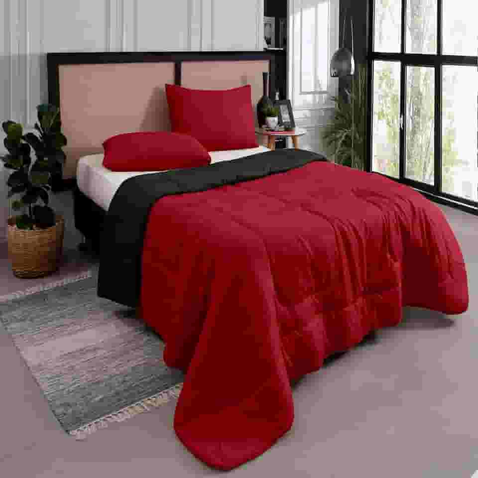 Kit Edredom Casal Queen 3 Peças Margarida Cama Box Cor:Vermelho e Preto