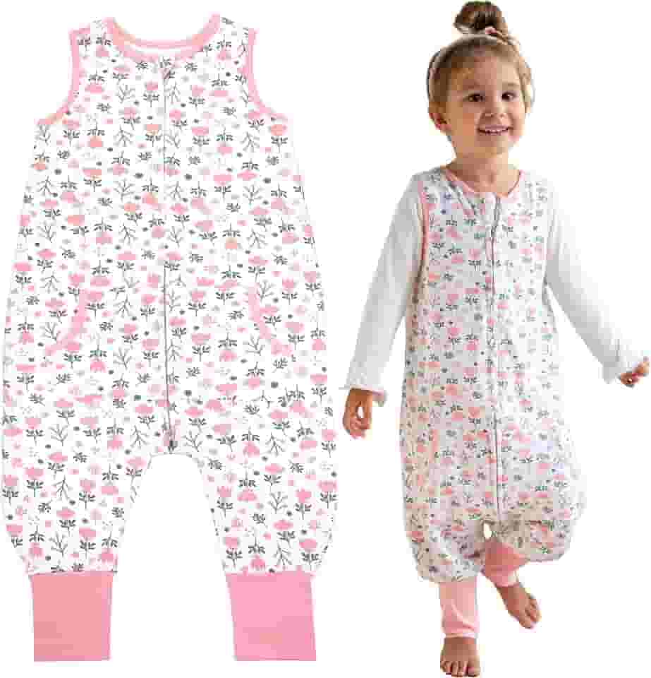 Sacos de dormir infantis para bebês de 2 a 3 anos, 1 pacote com cobertor com pés, sacos de dormir respiráveis sem mangas para bebês meninas