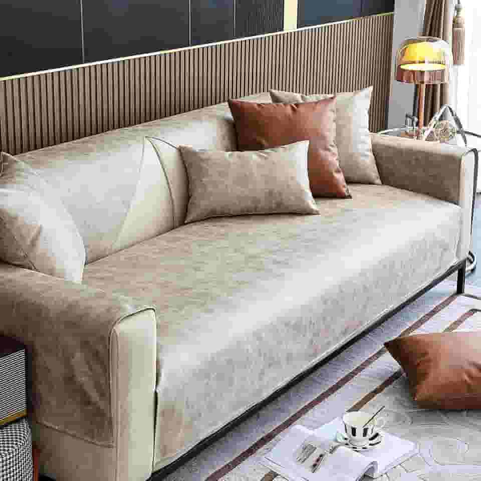 Capa de sofá de couro sintético impermeável, vintage, PU, seccional, antiderrapante, protetor de móveis para crianças, cães, gatos (creme, 91 cm x 91 cm)