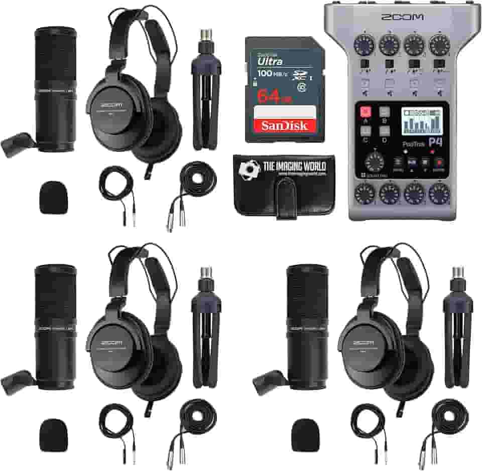 The Imaging World Pacote De Gravador Podcast Portátil Multipista Zoom Podtrak P4 Com Três (3) Microfones, Fones Ouvido, Protetor Contra Vento, Xlr E Suportes Mesa + Carteira Para Cartão 64 Gb