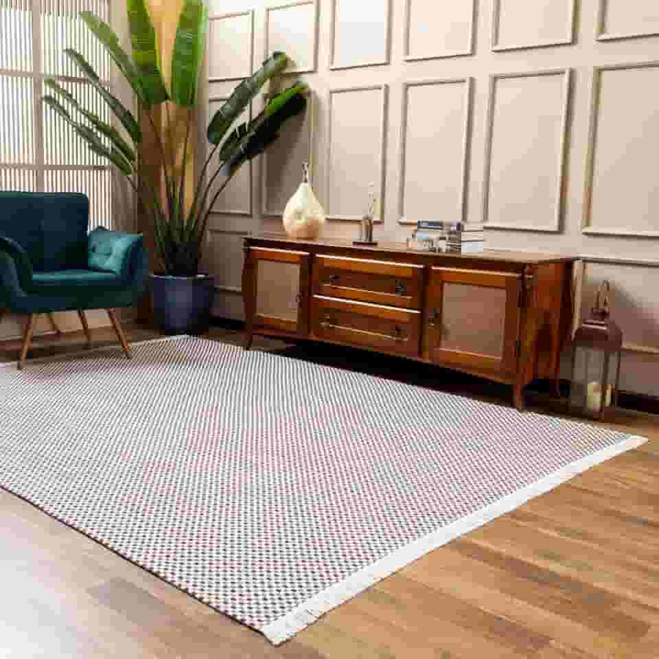 Tapete Grande para Sala, 3,00m x 2,00m, Tear 100% Algodão Encorpado, Lavável na Máquina (xadrez cinza/preto/cru, 2.50m x 2.00m)