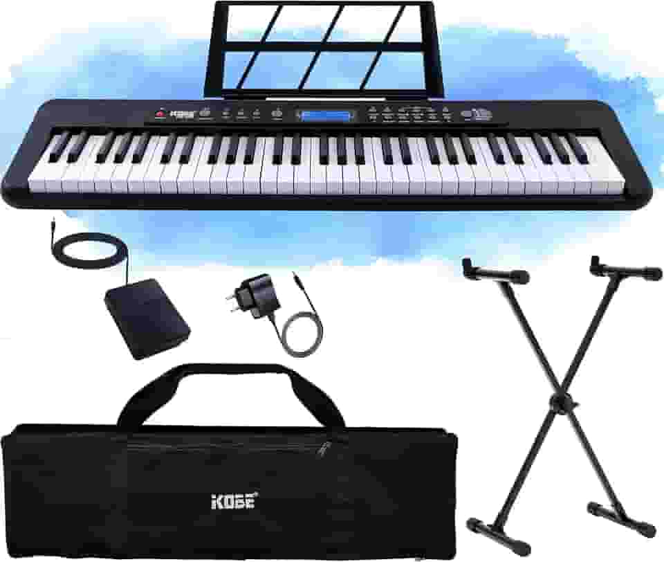 Kit Teclado Musical Eletrônico Kobe KB-300 5/8 61 Teclas Sensitivas ao Toque com Pedal Sustain Capa e Estante