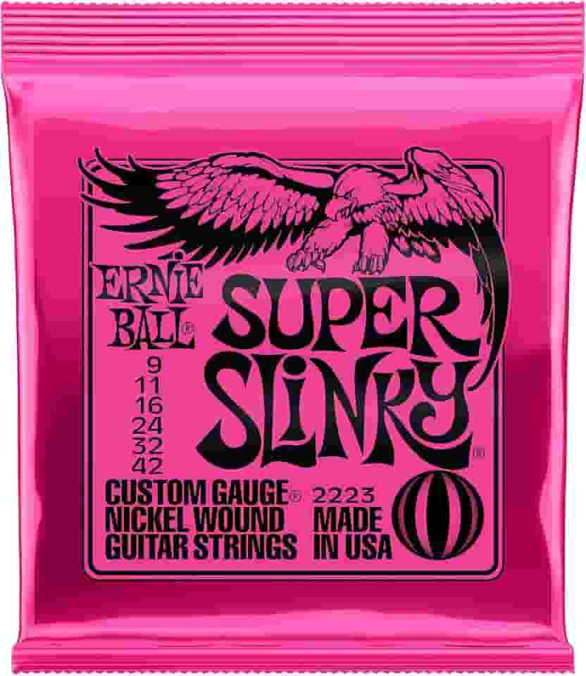 Cordas para guitarra elétrica Ernie Ball Super Slinky, revestimento de níquel, calibre 9-42