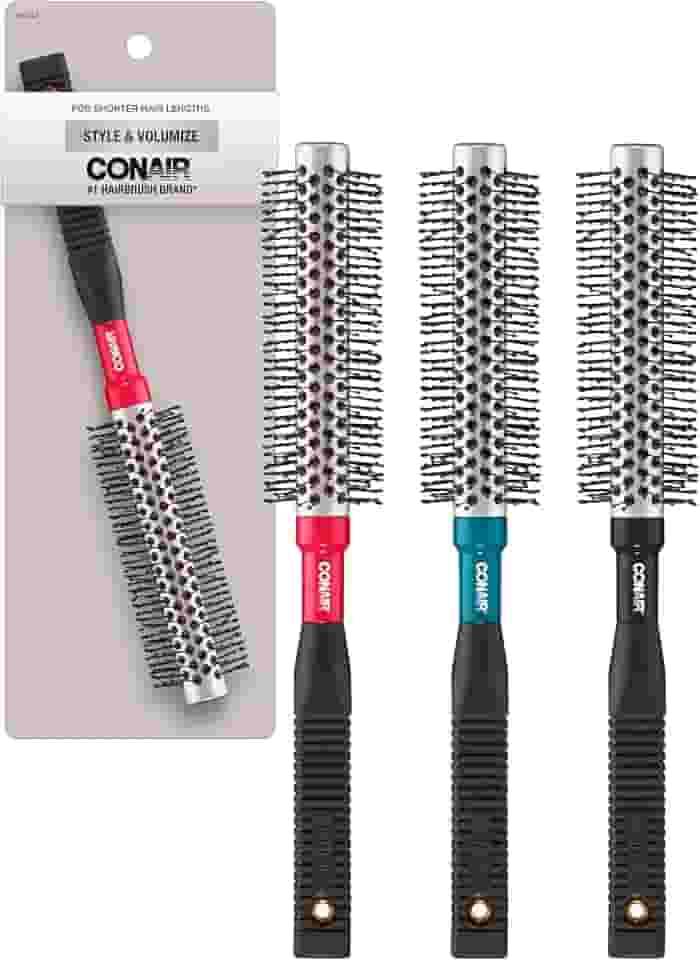 Conair Escova de cabelo redonda de metal Style & Volumize - Escova de secagem - Escova de cabelo para cabelo curto - Cor aleatória - 1 unidade