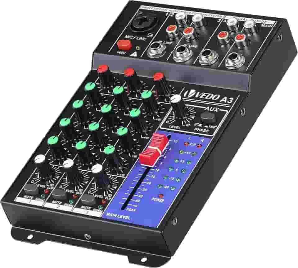 Console de mixagem de som 3 canais,48v de alimentação phantom sistema estéreo Adequado para uso em carros, microfones, instrumentos musicais ou equipamentos de áudio (CD players), computadores, etc.