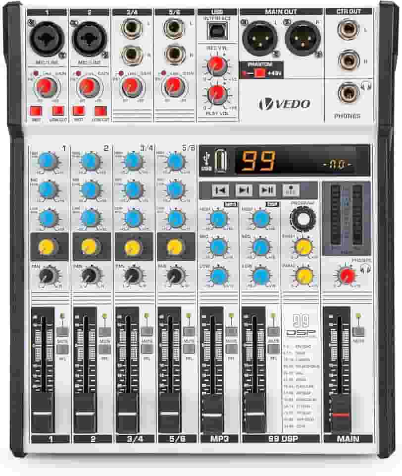 VEDO Mesa de Som Ultrafina de 6 Canais com 99 Efeitos DSP, Bluetooth 5.0, USB/OTG, Alimentação Fantasma de 48V, EQ de 3 Bandas para Apresentações ao Vivo, Gravações, Reuniões e Estúdio Doméstico